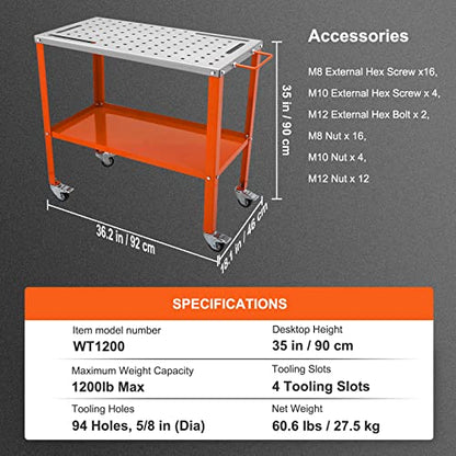 VEVOR Welding Table 36"x18", 1200lbs Load Capacity Steel Welding Workbench Table on Wheels, Portable Work Bench with Braking Lockable Casters, 4 Tool