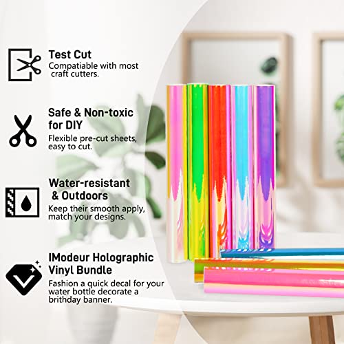 IModeur Holographic Vinyl for Cricut Opal Permanent Holographic Vinyl Bundle (5 Pack, 12” x 12”) Permanent Adhesive Vinyl Sheets for DIY Crafts, IModeur