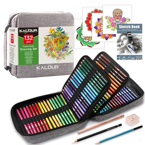 KALOUR 132 Colored Pencils Set,with Adult Coloring Book and Sketch Book,Artists Colorless Blender,Zipper Travel Case,Soft Core,Ideal for Drawing - WoodArtSupply