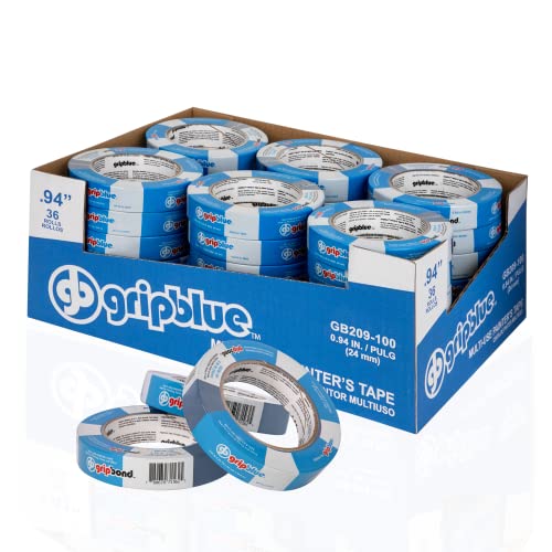 GripBlue Blue Painters Tape 1 inch Wide, Masking Tape Blue .94in x 60yds, 36 Rolls of Blue Paint Tape, 1 Inch Painters Tape for Sharp Lines, Blue GripBlue