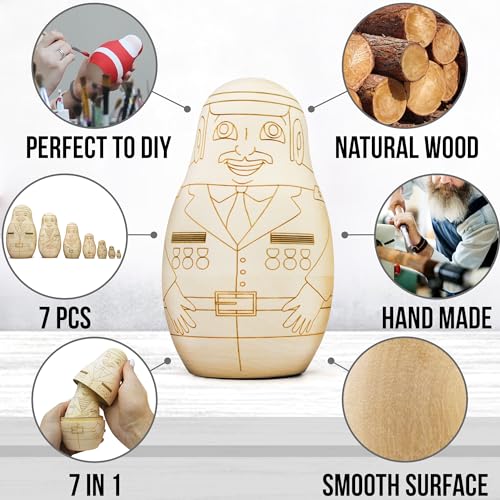 AEVVV Blank Nesting Dolls to Paint Set 7 pcs - Unpainted Russian Nesting Dolls Russian Officers - Unfinished Wooden Crafts to Make Your Own AEVVV
