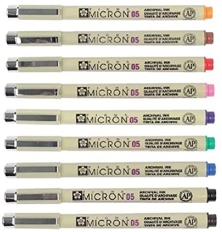 SAKURA Pigma Micron 05 Pack of 9 Colours, Black, Orange, Brown, Red, Pink, Green, Purple, Blue, Sepia SAKURA