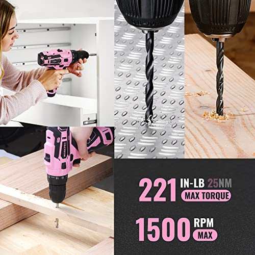 WORKPRO Pink Tool Set with Power Drill, 108PCS Portable Ladies Pink Drill Kit for Home with Toolbox and Pink Hammer, 1.5 Ah Cordless Drills with