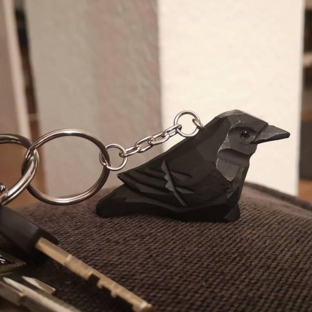 Selsela Raven Black Bird Crow Keychain Ring Hook Clip Charm Miniature Wood Mini Figurine Small Animal Selsela