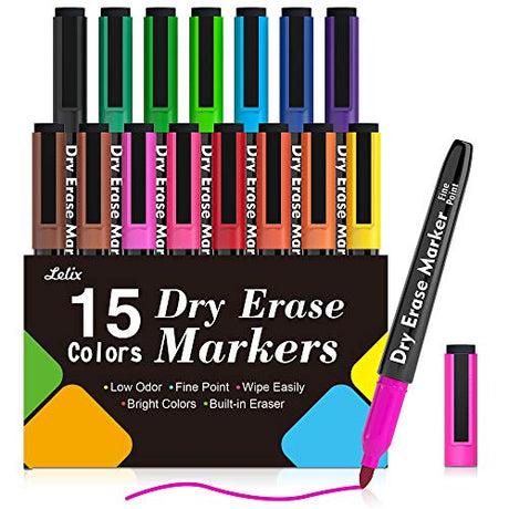 Lelix 15 Colors Dry Erase Markers, Magnetic Whiteboard Markers Fine Point with Eraser for Back to School, Office, Home Perfect for Writing on White Lelix