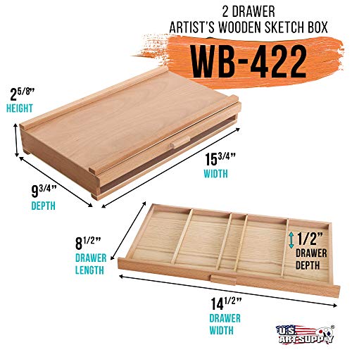 US Art Supply 2-Drawer Artist Wood Pastel, Pen, Marker Storage Box US Art Supply