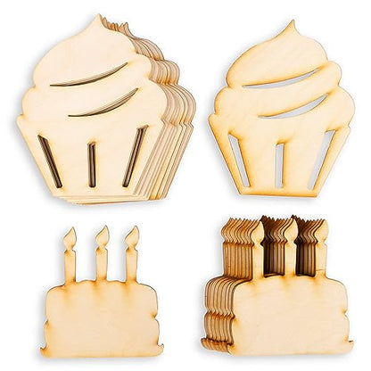 Pack of 24 Unfinished Wood Birthday Cake and Cupcake Cutouts by Factory Direct Craft - Blank Wooden DIY Cake Shapes for Scouts, Camps, Vacation Bible