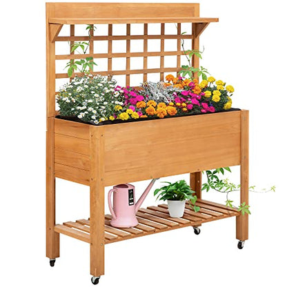 Outsunny 41" Raised Garden Bed with Trellis on Wheels, Wooden Elevated Planter Box with Legs and Bed Liner, for Flowers, Herbs & Vegetables, Brown