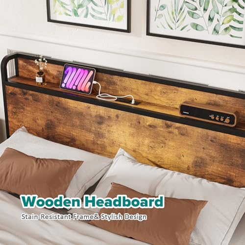 Kikihuose Queen Size Bed Frame, Storage Headboard with Charging Station, Metal Wooden Platform, Noise Free, No Box Spring Needed, 10.2'' Under-Bed