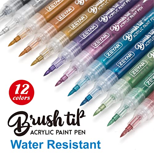 ZEYAR Acrylic Paint Pens, Brush Tip, Water based, Metallic Colors, Writes on Paper, Rock, Rubber, Ceramics, Wood, Glass and more (12 Metallic Colors) - WoodArtSupply