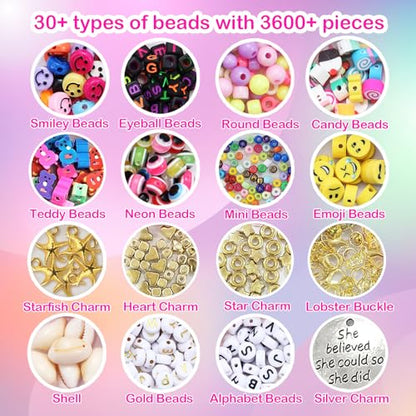 Goody King 3600+pcs Clay Beads Bracelet Making Kit for Beginner Heishi Beads Letter Beads 30 Color+ with Charms Kit for Jewelry Making Clay Beads DIY - WoodArtSupply