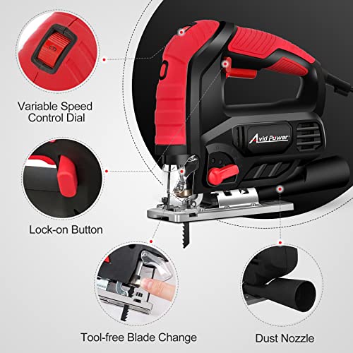 AVID POWER Jig Saw, 7.0A 3000 SPM Jigsaw with Variable Speed, Bevel Angle (0°-45°), 6PCS Blades and Scale Ruler - WoodArtSupply