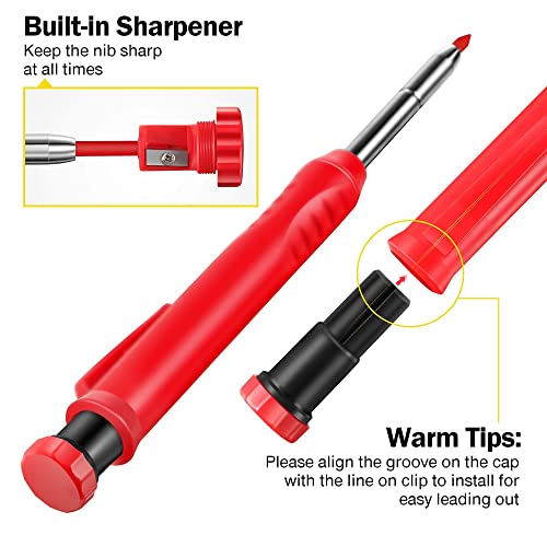 Hiboom 2 Pack Solid Carpenter Pencil with 14 Refill, Long Nosed Deep Hole Mechanical Pencil Marker with Built-in Sharpener for Carpenter Woodworking - WoodArtSupply