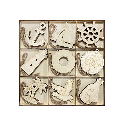45 Pack Unfinished Nautical Wood Cutouts for Crafts, Wooden Anchor,Sailboat,Ship Wheel,Compass for DIY Project 3.5 Inch 5 Peices Each Cregugua