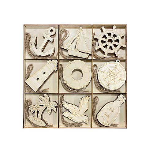 45 Pack Unfinished Nautical Wood Cutouts for Crafts, Wooden Anchor,Sailboat,Ship Wheel,Compass for DIY Project 3.5 Inch 5 Peices Each