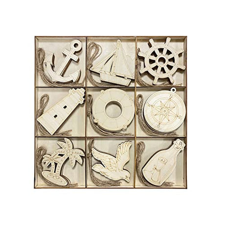 45 Pack Unfinished Nautical Wood Cutouts for Crafts, Wooden Anchor,Sailboat,Ship Wheel,Compass for DIY Project 3.5 Inch 5 Peices Each Cregugua