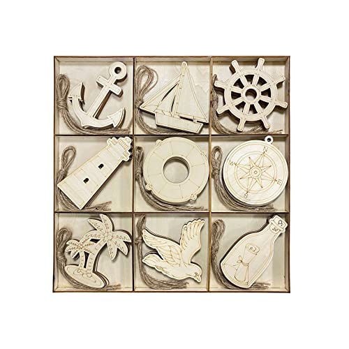 45 Pack Unfinished Nautical Wood Cutouts for Crafts, Wooden Anchor,Sailboat,Ship Wheel,Compass for DIY Project 3.5 Inch 5 Peices Each - WoodArtSupply