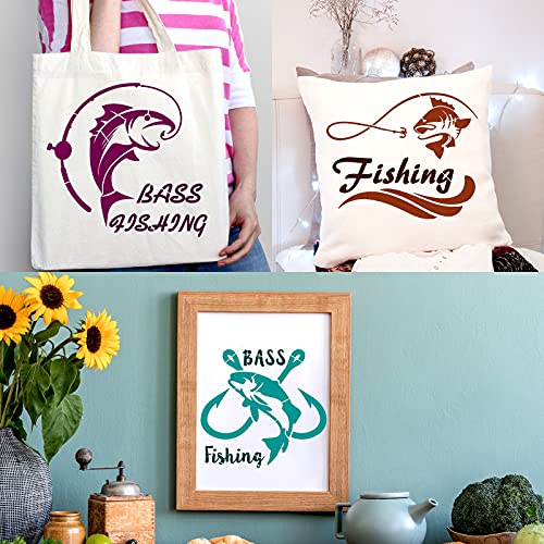 9 Pieces Fish Stencil Bass Fish Stencil Bass Fishing Stencil Template Reusable Painting Drawing Stencil and Metal Open Ring for Painting on Wood Wall Outus