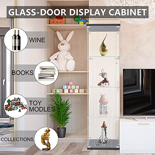 Yoluckea Glass Display Cabinet, 4 Shelves with Door, Curio Cabinet Collection Display Case for Home Office, Floor Standing Bookshelf Corner Cabinet
