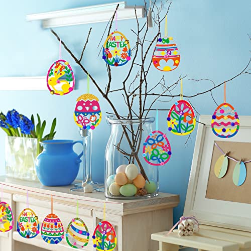 36 Wooden Easter Ornaments Decorations, DIY Easter Wood Craft Kits Assorted Paintable Unfinished Wood Easter Pendants Pom-poms Glitter Pipe Cleaners OBUSATT