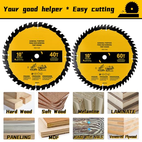 Upgraded 10in 40T/60T (2-Pack) Compatible with DEWALT Table/Miter Saw Blade DWA-110CMB General Purpose Combo Pack Saw Blade Replace for OEM home
