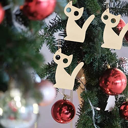 Big Eyes Cat Shape Wooden Blank Wood with Twines Art Unfinished Ornaments for Christmas Wedding Birthday Party Thanksgiving Day Decoration 24Pcs