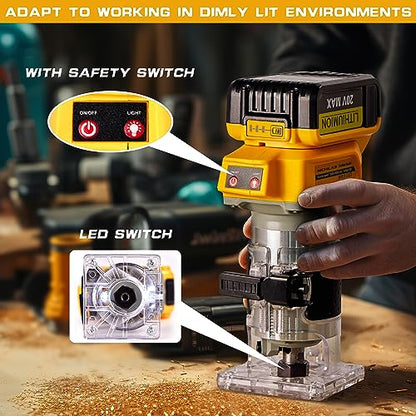 Cordless Trimmer Router, Brushless Hand Edge Trimmer for Wood Working Slotting, Trimming, Carving 1/4" Collet, Compatible with DEWALT 20V MAX Battery - WoodArtSupply