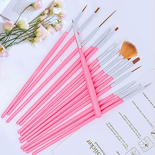AIBEE 20pcs Nail Art Design Tools, 15pcs Nail Art Brushes Kit with 5pcs Nail Dotting Pens, PINK (pink) AIBEE