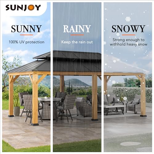 Sunjoy 12 x 20 ft. Wood Gazebo, Outdoor Patio Steel Hardtop Gazebo, Cedar Framed Wooden Gazebo with 2-Tier Metal Roof, Suitable for Patios, Lawn and