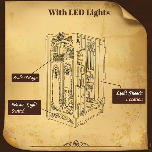 DIY Book Nook Kit with Sensor Light Music Box, 3D Wooden Puzzle for Adults, Covenant Church Bookshelf Insert, Self-Assembly Bookend Building Set Hallisun