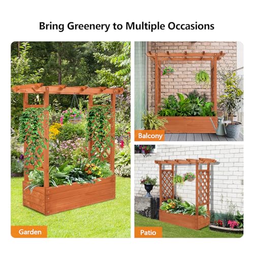 VINGLI Raised Garden Bed with Trellis & Hanging Roof, Wooden Garden Bed, Outdoor Planter Box for Yard, Garden, Balcony VINGLI