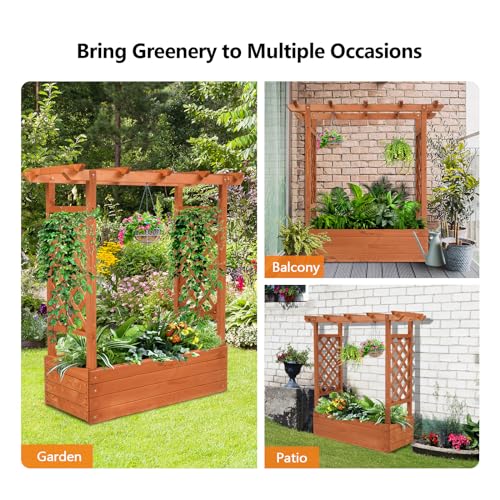 VINGLI Raised Garden Bed with Trellis & Hanging Roof, Wooden Garden Bed, Outdoor Planter Box for Yard, Garden, Balcony