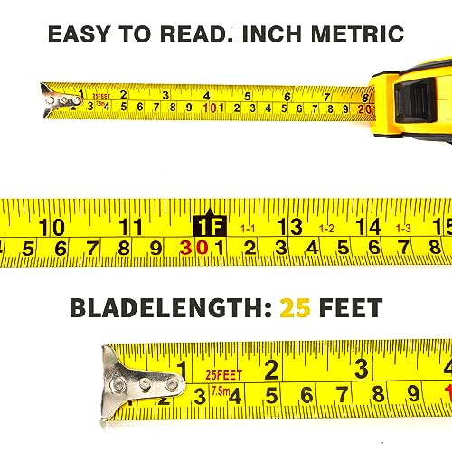 Tape Measure 25 ft, Steel Measuring Tape, Measuring Tape Retractable, 25-Foot Basics Self-Locking Measurement Tape, Self Lock Auto Lock Tape Rule Yekepal