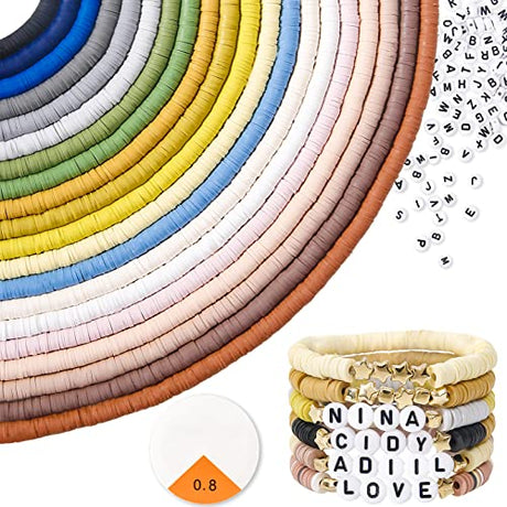 ADIIL 7200pcs Clay Beads Bracelet Making Kit, 20 Neutral Colors 6mm Polymer Heishi Beads for Jewelry Making, Friendship Bracelet Kit with Letter ADIIL