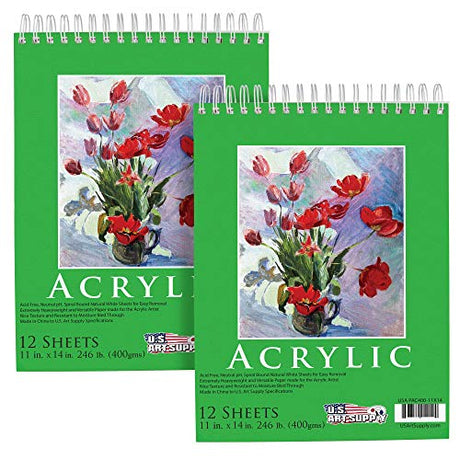 U.S. Art Supply (Pack of 2 Pads) - 11" x 14" Premium Extra Heavy-Weight Acrylic Painting Paper Pad, 246 Pound (400gsm), Spiral Bound, Pad of U.S. Art Supply