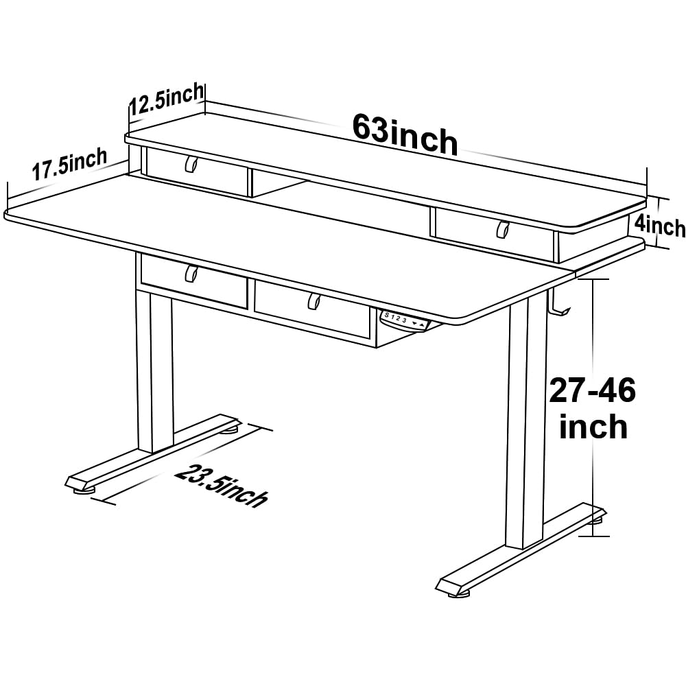 ExaDesk Electric Standing Desk, 63 * 30 Inches Adjustable Height with 4 Drawers, Double Storage Shelves Stand Up Desk, Home Office Workstation Sit - WoodArtSupply