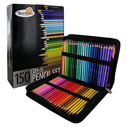 Thornton's Art Supply Premier Premium 150 Artist Colored Pencils Set for Drawing Sketching with Zippered Black Canvas Case - Multi Color Sharpened