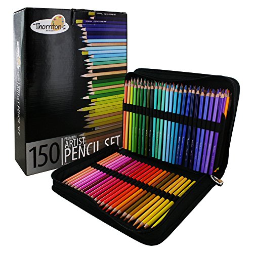 Thornton's Art Supply Premier Premium 150 Artist Colored Pencils Set for Drawing Sketching with Zippered Black Canvas Case - Multi Color Sharpened - WoodArtSupply