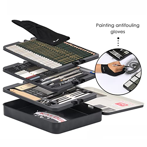 KALOUR 72-Pack Sketch Drawing Pencils Kit with Sketchbook and 3-color Drawing Paper,Tin Box,Include Graphite,Charcoal,Drawing Glove and Artists KALOUR