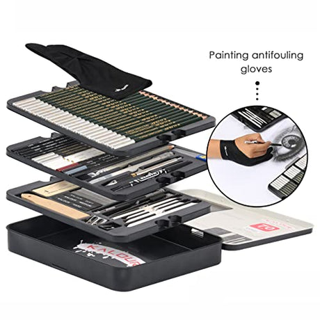 KALOUR 72-Pack Sketch Drawing Pencils Kit with Sketchbook and 3-color Drawing Paper,Tin Box,Include Graphite,Charcoal,Drawing Glove and Artists KALOUR