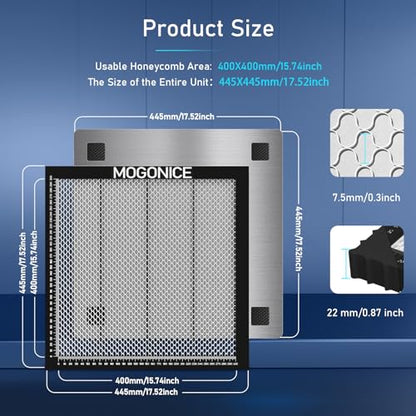 Mogonice Honeycomb Laser Bed 445x445mm 17.5''x17.5'', Magnetic Steel Honeycomb Working Table for Laser Engraver, Fast Heat Dissipation, Table - WoodArtSupply