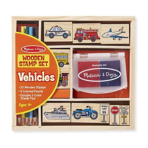 Melissa & Doug Wooden Stamp Set: Vehicles - 10 Stamps, 5 Colored Pencils, 2-Color Stamp Pad - WoodArtSupply