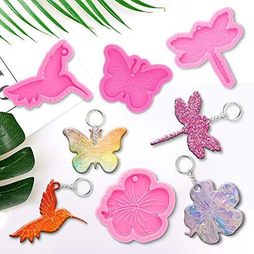 64Pcs Epoxy Resin Molds Kit, Bird Dragonfly Butterfly Cherry Flower Shape Silicone Molds for Resin Epoxy Casting Molds with Hole, Keychain and Jump Angel Wings