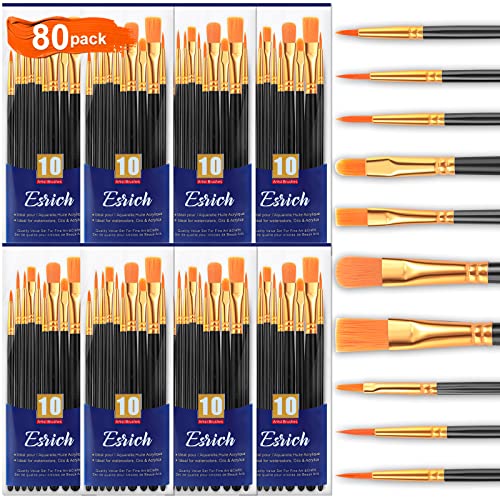 ESRICH Acrylic Paint Brushes Set,8Packs /80 Pcs, Black Nylon Brush Head, Suitable for Acrylic, Oil, Watercolor,Rock Body Face Nail Art,Perfect Suit