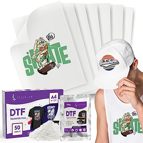 SlickLab A4 DTF Transfer Film and DTF Powder Bundle - 50 Sheets and 500g DTF Transfer Powder for Sublimation - 8.3 x 11.7 Inches - Double-Sided DTF - WoodArtSupply