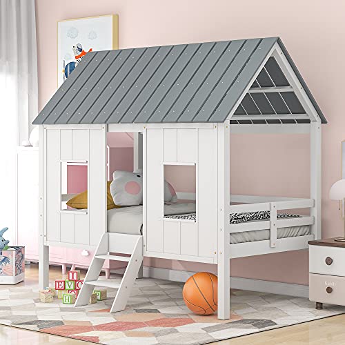 Merax Twin Size Low Loft Wooden House Bed with Roof and Windows in White and Grey Merax