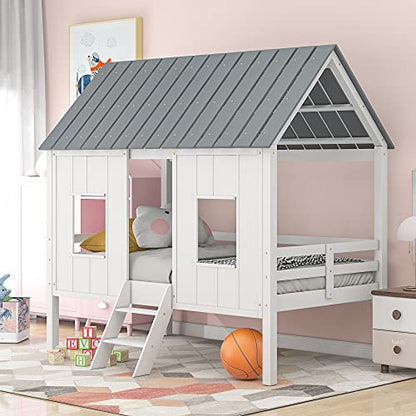 Merax Twin Size Low Loft Wooden House Bed with Roof and Windows in White and Grey - WoodArtSupply