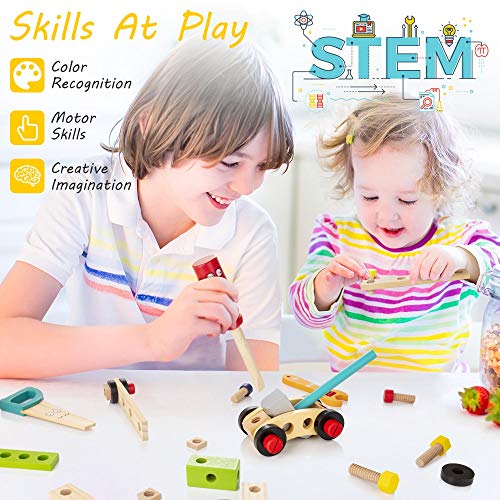KIDWILL Tool Kit for Kids, 37 pcs Wooden Toddler Tools Set Includes Tool Box & Stickers, Montessori Educational STEM Construction Toys for 3 4 5 6 7 KIDWILL