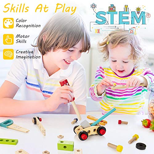 KIDWILL Tool Kit for Kids, 37 pcs Wooden Toddler Tools Set Includes Tool Box & Stickers, Montessori Educational STEM Construction Toys for 3 4 5 6 7