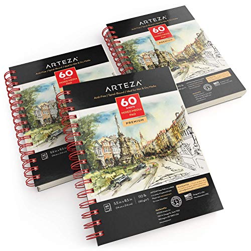 Arteza Mixed Media Sketchbooks, Pack of 3, 5.5 x 8.5 Inches, 60-Sheet Drawing Pads with 110lb Paper, Spiral-Bound, Art Supplies for Wet and Dry Media ARTEZA